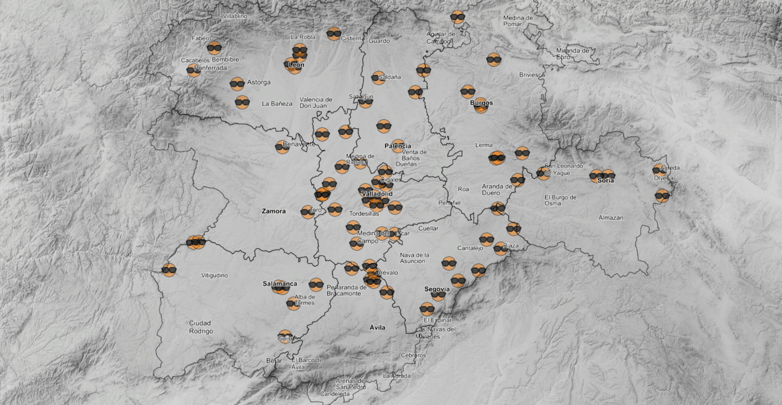 Mapa de Castilla y León con los lugares seleccionados para observar el eclipse total de sol (IDECYL)