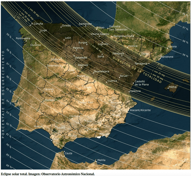 Barrido cartográfico del eclipse solar total por la Península Ibérica (imagen Observatorio IGN, España)