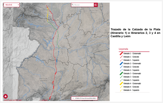 Mapa de los itinerarios 1 a 4 de la Ruta de la Plata que transcurren por Castilla y León (imagen Castilla y León)