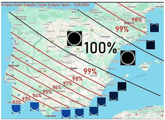 Mapa porcentajes eclipse solar según zona geográfica de España (imagen DGT)