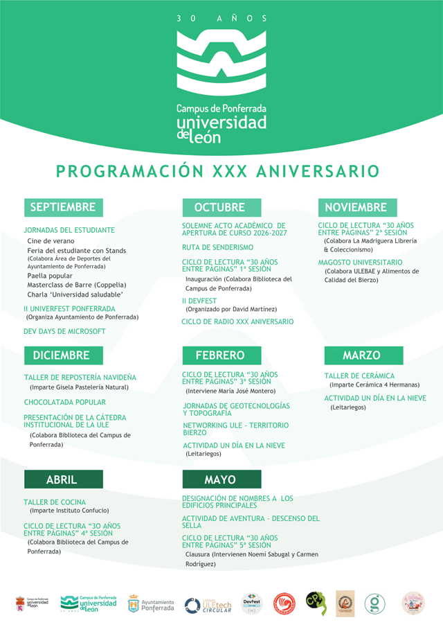 Cartel programa actividades Curso 2026-27 para celebrar el 30º aniversario del Campus de Ponferrada de la ULE (imagen ULE)