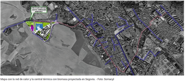 Mapa con la red de calor y la central de biomasa proyectada para Segovia (imagen SOMACYL)