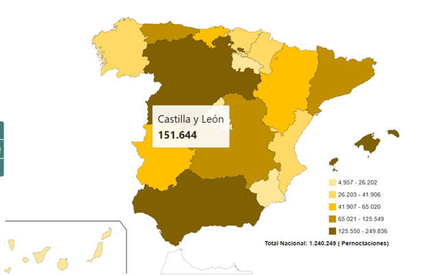 Mapa de las pernoctaciones en alojamientos rurales en España, a escala autonómica, durante el mes de junio 2026 (imagen INE)