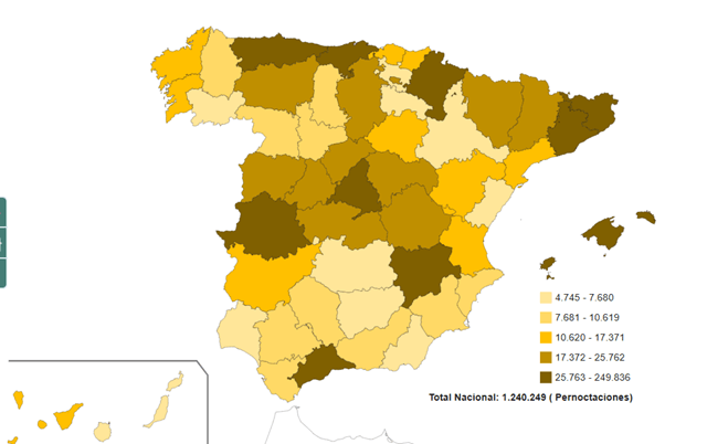 Mapa de las pernoctaciones en alojamientos rurales en España, a escala provincial, durante el mes de junio 2026 (imagen INE)