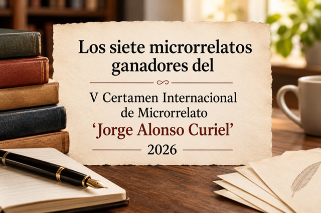 Cartel anunciando los relatos ganadores y las menciones del 5º Certamen Internacional de Microrrelatos "Jorge Alonso Curiel! 2026 (imagen elaborada con IA)